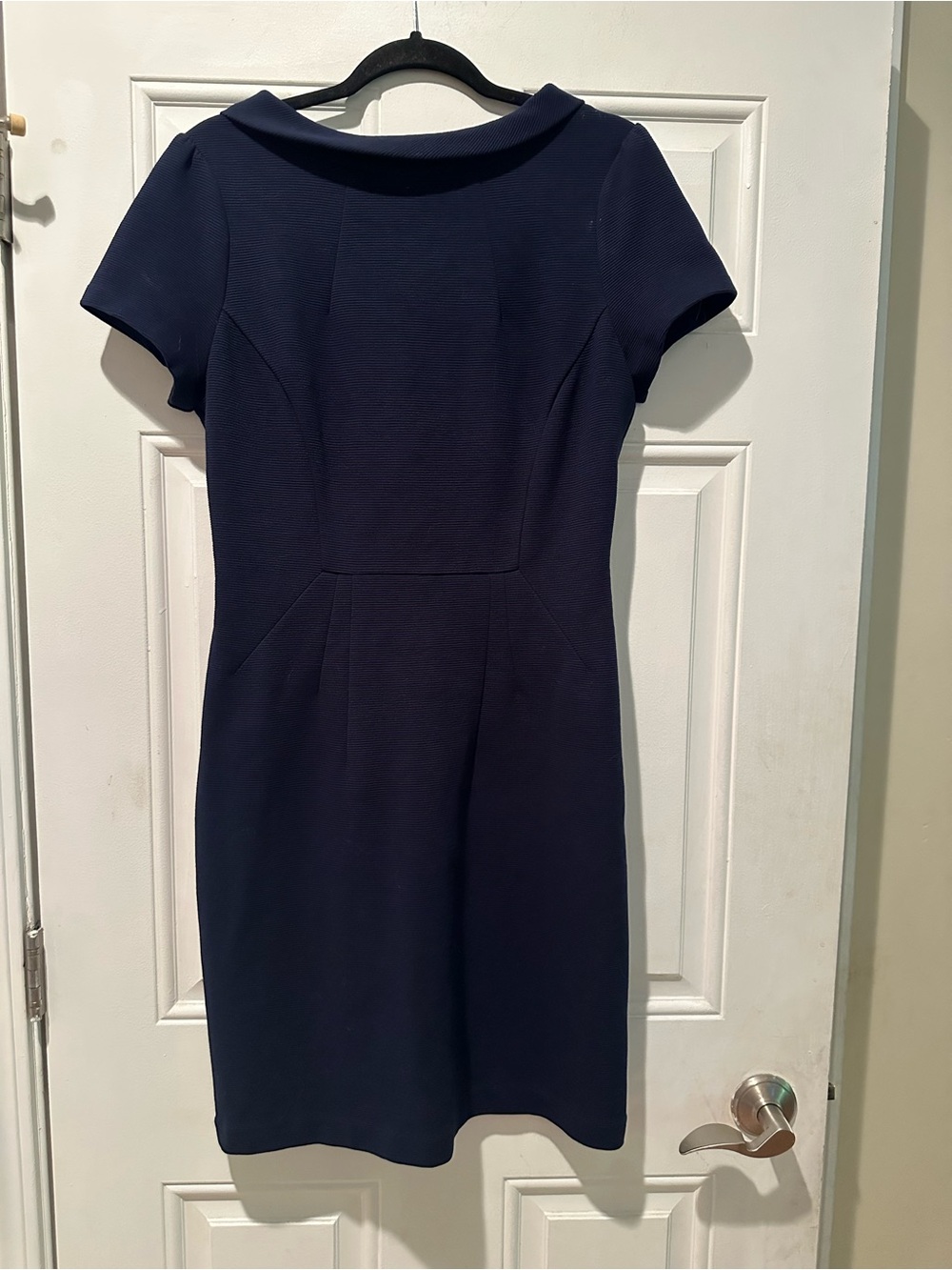Boden Navy Short-Sleeve Ponte Sheath Dress with Boat Neck